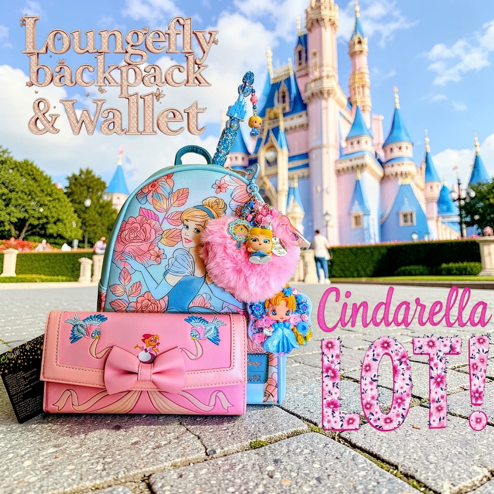 Loungefly Disney Cinderella Pink 🌸 Flowers Mini Backpack, Wallet, Charm,🪞& Pen
